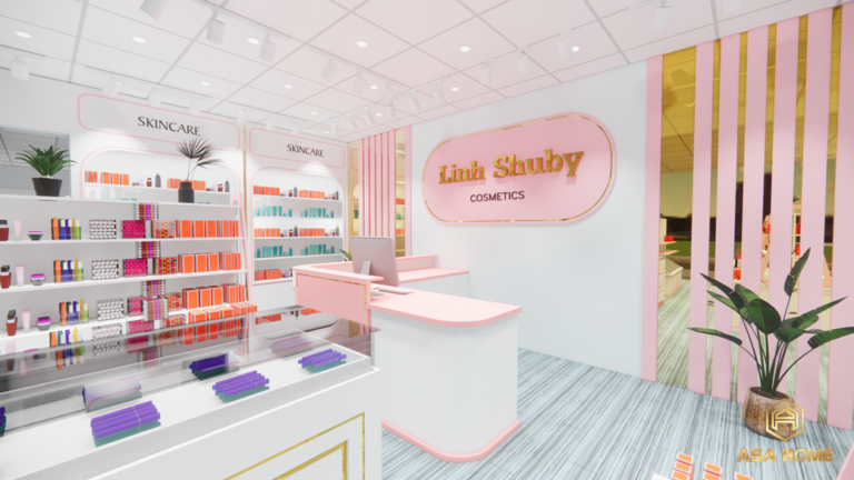 Thiết kế shop mỹ phẩm Lynh Shuby sang trọng tone màu hồng phấn